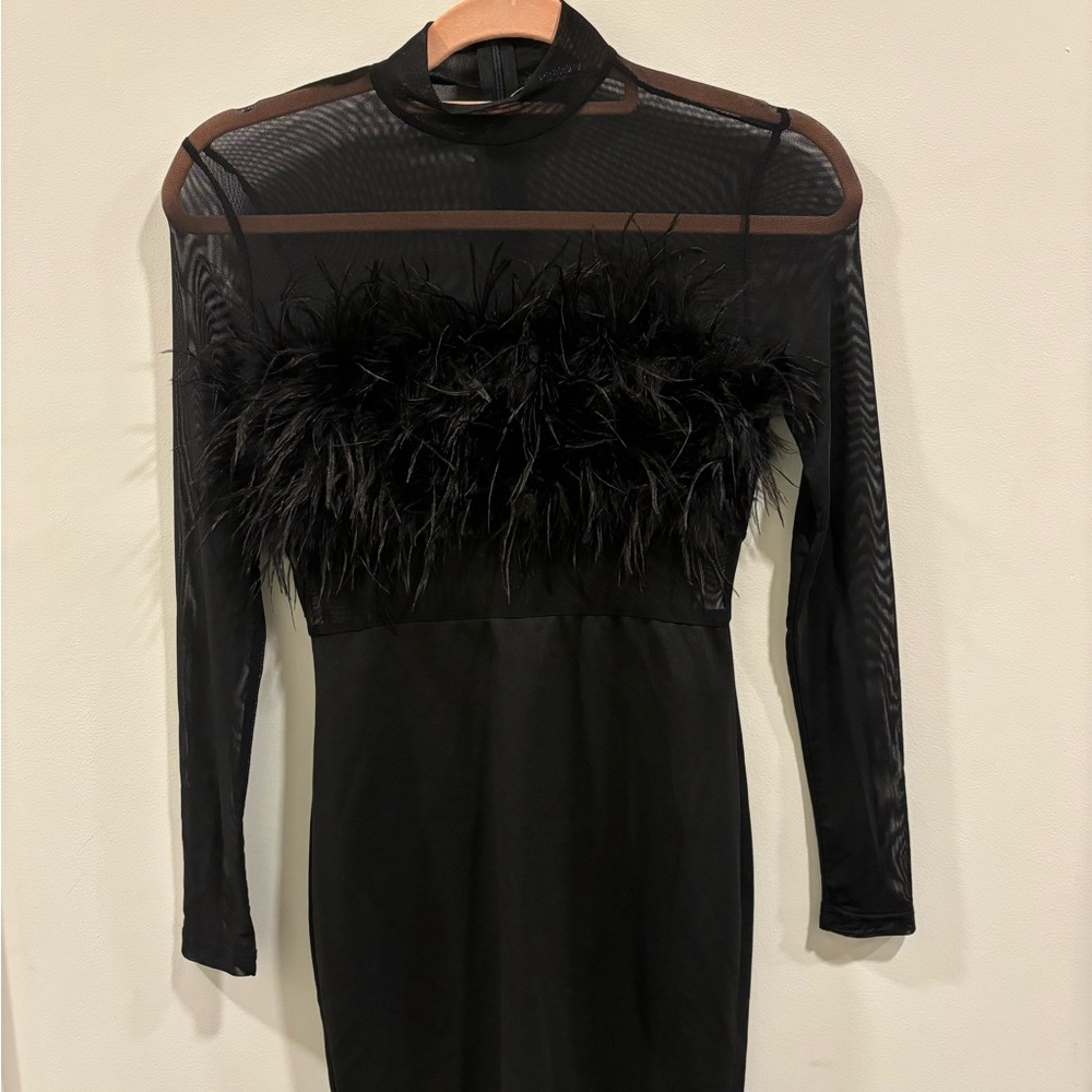Elegant Black Feathered Sheer Top Dress Never worn